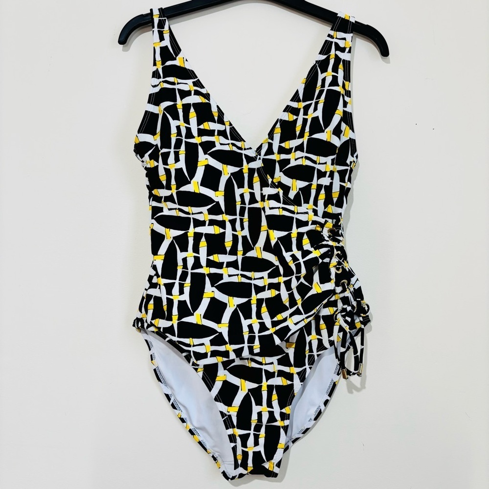 Tahari Off The Grid Black Yellow White Lace Up Grommet One-Piece Swimsuit Large - Picture 2 of 16
